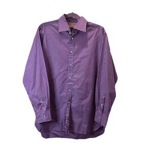 Thomas Pink Dress Shirt Mens 16-34.5 Purple Pink Striped Long Sleeve Button Up